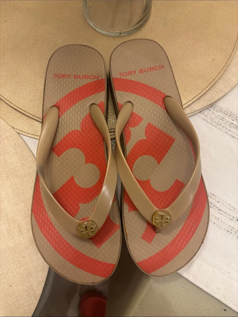 Tory Burch Beige Jelly Flip Sandals with Gold Logo